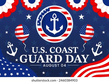 United States Coast Guard Day Vector Illustration on August 4 with American Waving Flag and Ship in National Holiday Flat Cartoon Background