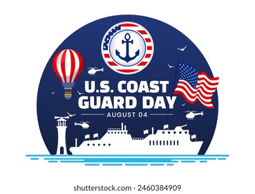 United States Coast Guard Day Vector Illustration on August 4 with American Waving Flag and Ship in National Holiday Flat Cartoon Background