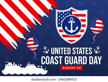 United States Coast Guard Day Vector Illustration on August 4 with American Waving Flag and Ship in National Holiday Flat Cartoon Background