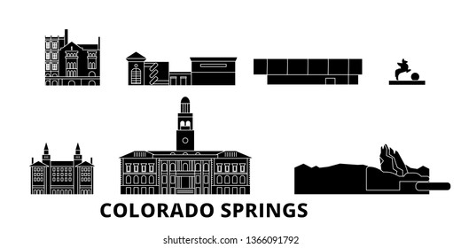 United States, Colorado Springs flat travel skyline set. United States, Colorado Springs black city vector panorama, illustration, travel sights, landmarks, streets.