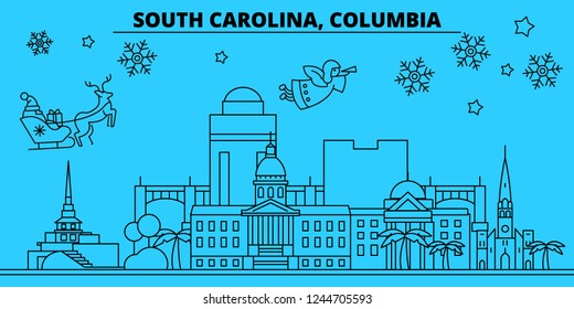 United States, Columbia winter holidays skyline. Merry Christmas, Happy New Year decorated banner with Santa Claus.United States, Columbia linear christmas city vector flat illustration