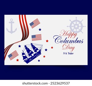 United States Columbus Day Celebration 2024 Vector Illustration with ship, anchor and waves. Best for Poster, Background, Banner, Greeting Card, Flyer, Card, Cover, Template.