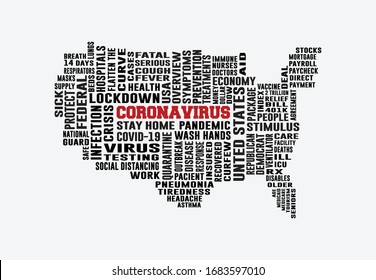 United States Coronavirus Word Cloud Map. America Coronavirus Map filled with Letters. Cover Banner Background