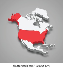 United States country location within North America. 3d isometric map