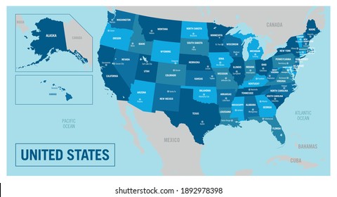 United States country political map. Detailed vector illustration with isolated states, regions and cities easy to ungroup. 