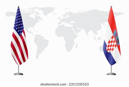 United States and Croatia flags for official meeting against background of world map.
