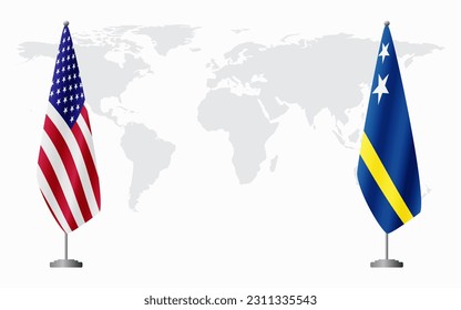United States and Curacao flags for official meeting against background of world map.