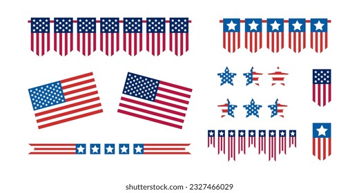 El conjunto de elementos decorativos de los Estados Unidos. Decoraciones de banderas estadounidenses. Día de la Conmemoración, Estados Unidos se prepara para la fiesta nacional estadounidense. Día de los Veteranos EEUU. Banderas y estrellas de Bunting. Ilustraciones del Día del Trabajo.