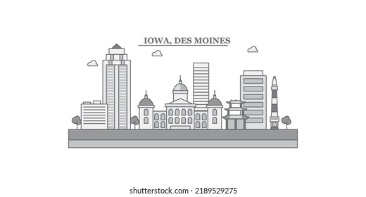 United States, Des Moines city skyline isolated vector illustration, icons