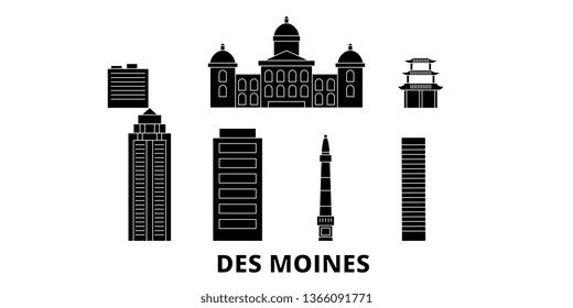 United States, Des Moines flat travel skyline set. United States, Des Moines black city vector panorama, illustration, travel sights, landmarks, streets.