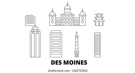 United States, Des Moines line travel skyline set. United States, Des Moines outline city vector illustration, symbol, travel sights, landmarks.