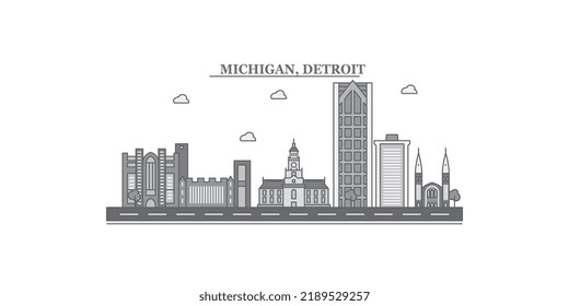 United States, Detroit city skyline isolated vector illustration, icons