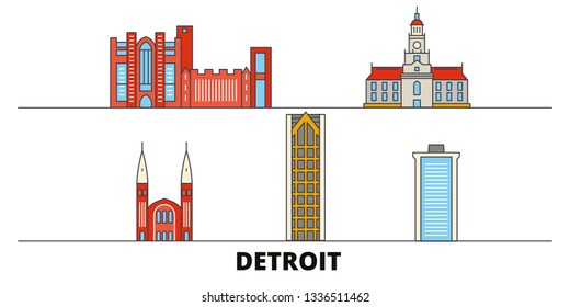 United States, Detroit flat landmarks vector illustration. United States, Detroit line city with famous travel sights, skyline, design. 