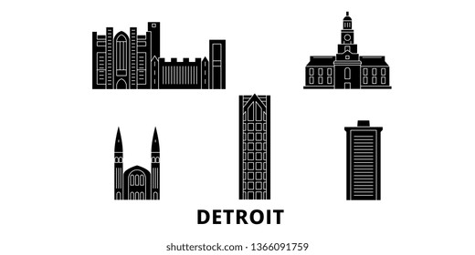 United States, Detroit flat travel skyline set. United States, Detroit black city vector panorama, illustration, travel sights, landmarks, streets.