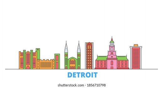 United States, Detroit line cityscape, flat vector. Travel city landmark, oultine illustration, line world icons