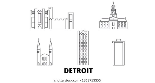 United States, Detroit Line Travel Skyline Set. United States, Detroit Outline City Vector Illustration, Symbol, Travel Sights, Landmarks.