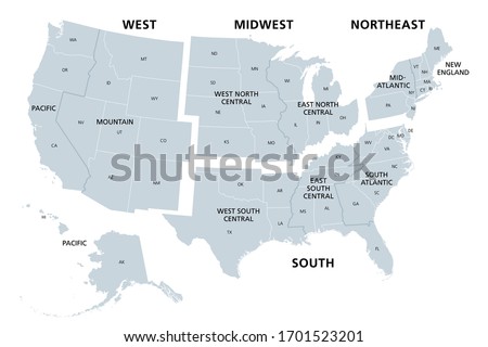 United States divided in Census regions and divisions, gray map. Region definition used for data collection and analysis. Most commonly used classification system. English. Illustration. Vector.