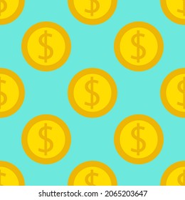 United States Dollar coins pattern background. Seamless pattern. Wrapping paper. Gold coins top view. Vector background.