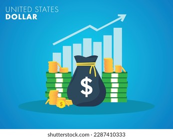 United States Dollar currency growth to success concept. The money bag chart increases profit. Business growth concept. Vector illustration design