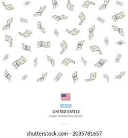 United States Dollar Falling American Dollar Vector Illustration, 100 Dollar money rain set bundle banknotes