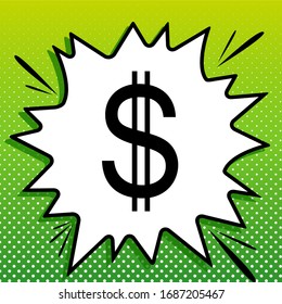 United states Dollar sign. Black Icon on white popart Splash at green background with white spots. Illustration.