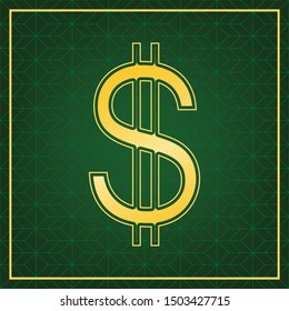United states Dollar sign. Golden icon with gold contour at dark green gridded background. Illustration.