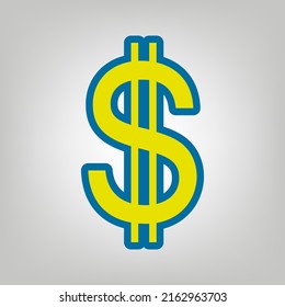 Vereinigte Staaten Dollar Schild. Symbol in den Farben der Ukraine Flagge (gelb, blau) auf grauem Hintergrund. Illustration.