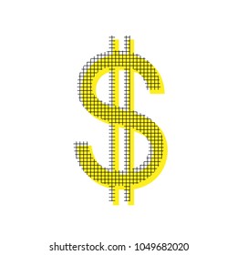 United states Dollar sign. Vector. Yellow icon with square pattern duplicate at white background. Isolated.