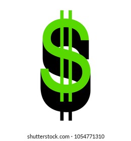 United states Dollar sign. Vector. Green 3d icon with black side on white background. Isolated.