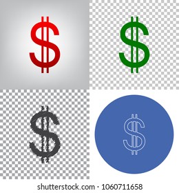 United states Dollar sign. Vector. 4 styles. Red gradient in radial lighted background, green flat and gray scribble icons on transparent and linear one in blue circle.