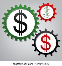 United states Dollar sign. Vector. Three connected gears with icons at grayish background.
