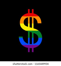 United states Dollar sign. Vector. Icon with colors of LGBT flag at black background.