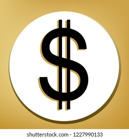 United states Dollar sign. Vector. Black icon with light brown shadow in white circle with shaped ring at golden background.