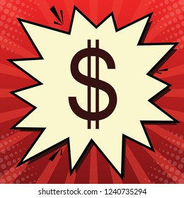 United states Dollar sign. Vector. Dark red icon in lemon chiffon shutter bubble at red popart background with rays.