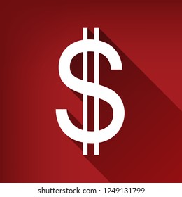 United states Dollar sign. Vector. White icon with limitless shadow at ruby red background.
