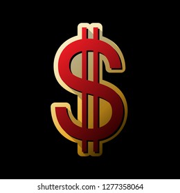 United states Dollar sign. Vector. Red icon with small black and limitless shadows at golden sticker on black background.