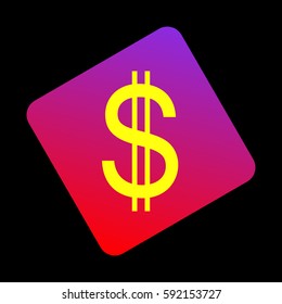 United states Dollar sign. Vector. Yellow icon at violet-red gradient square with rounded corners rotated for dynamics on black background.