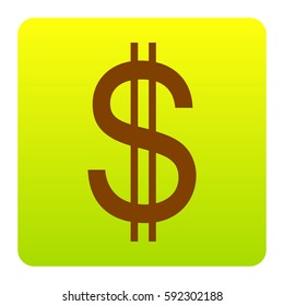 United states Dollar sign. Vector. Brown icon at green-yellow gradient square with rounded corners on white background. Isolated.