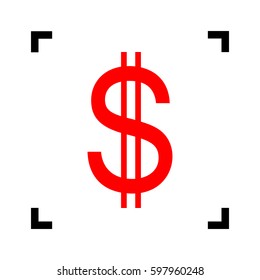 United states Dollar sign. Vector. Red icon inside black focus corners on white background. Isolated.