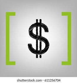 United states Dollar sign. Vector. Black scribble icon in citron brackets on grayish background.