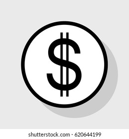 United states Dollar sign. Vector. Flat black icon in white circle with shadow at gray background.