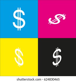 United states Dollar sign. Vector. White icon with isometric projections on cyan, magenta, yellow and black backgrounds.