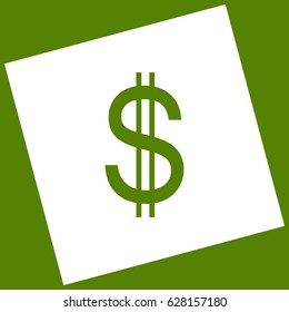 United states Dollar sign. Vector. White icon obtained as a result of subtraction rotated square and path. Avocado background.