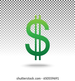 United states Dollar sign. Vector. Green gradient icon with shadow at bottom on transparent and white background.