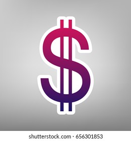 United states Dollar sign. Vector. Purple gradient icon on white paper at gray background.
