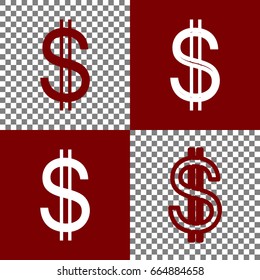 United states Dollar sign. Vector. Bordo and white icons and line icons on chess board with transparent background.