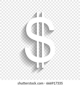 United states Dollar sign. Vector. White icon with soft shadow on transparent background.