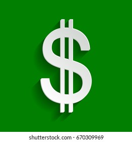 United states Dollar sign. Vector. Paper whitish icon with soft shadow on green background.