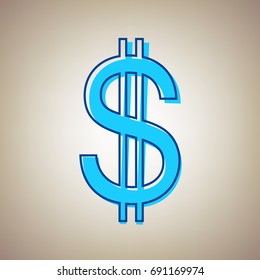 United states Dollar sign. Vector. Sky blue icon with defected blue contour on beige background.