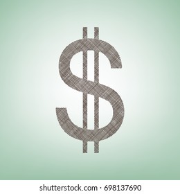United states Dollar sign. Vector. Brown flax icon on green background with light spot at the center.